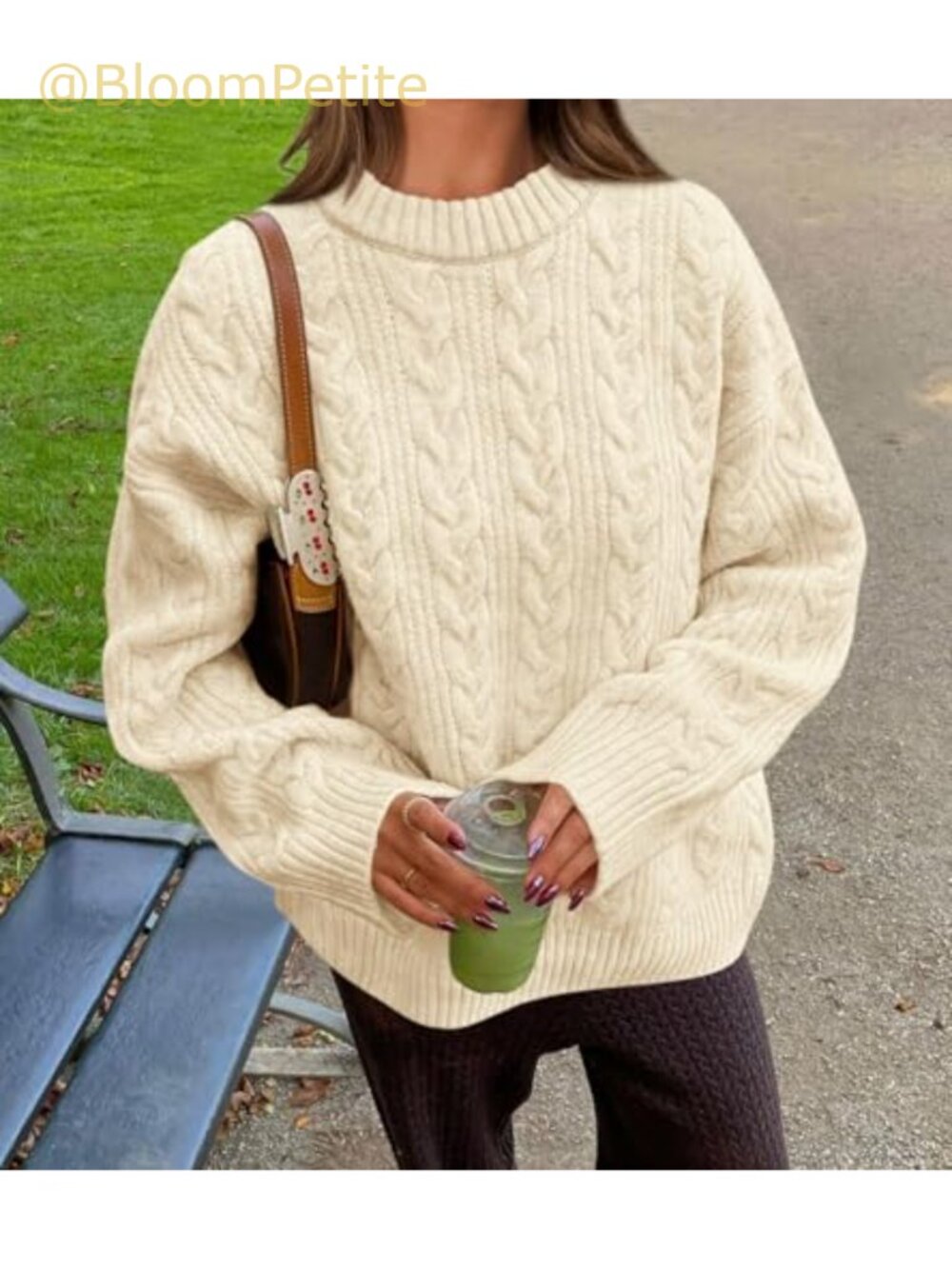 Oversized Cable Knit Crewneck Sweater Chunky Soft Pullover - Picture 3 of 6